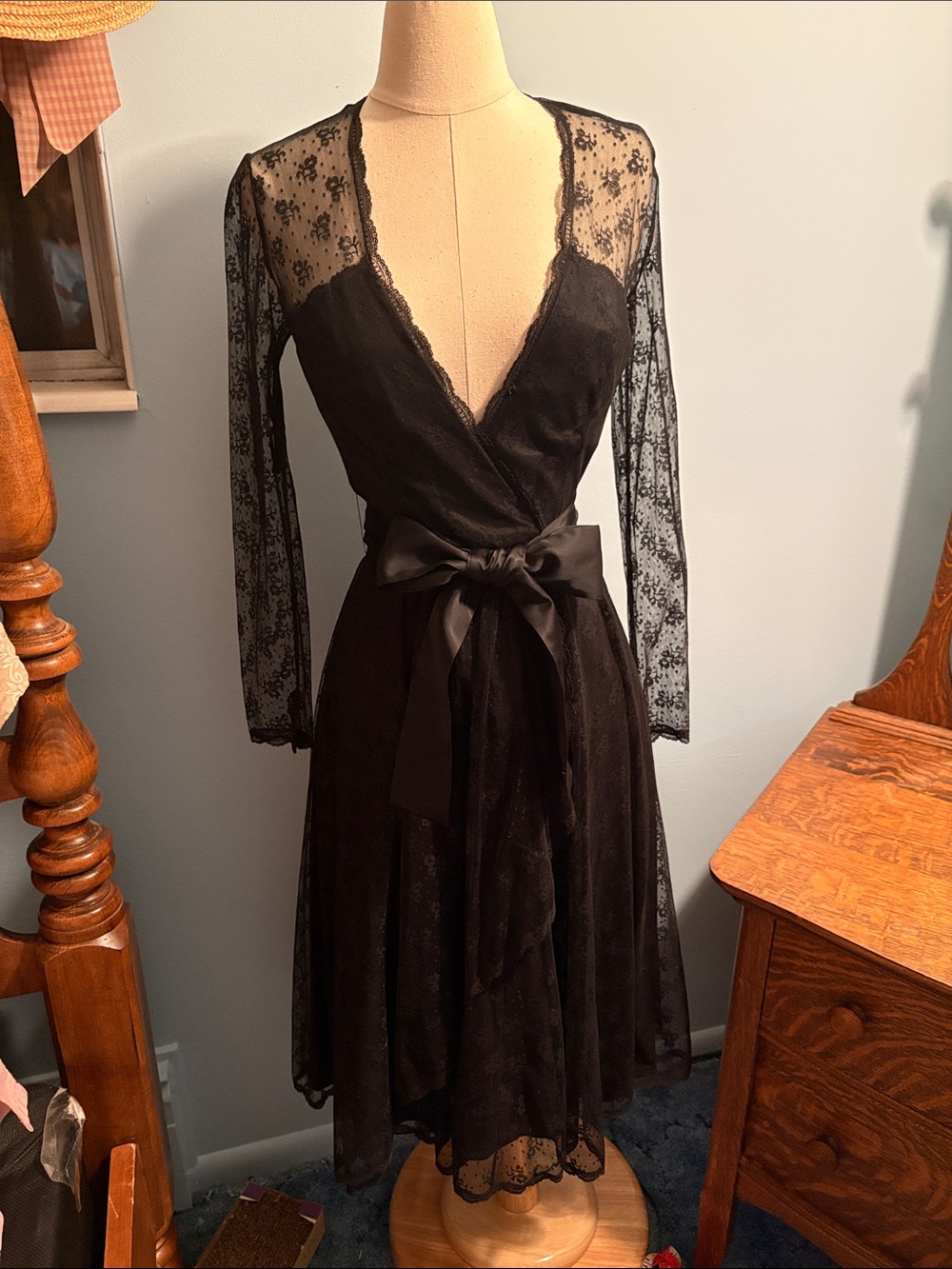 Black Lace Wrap Midi Dress with Satin Waist Bow